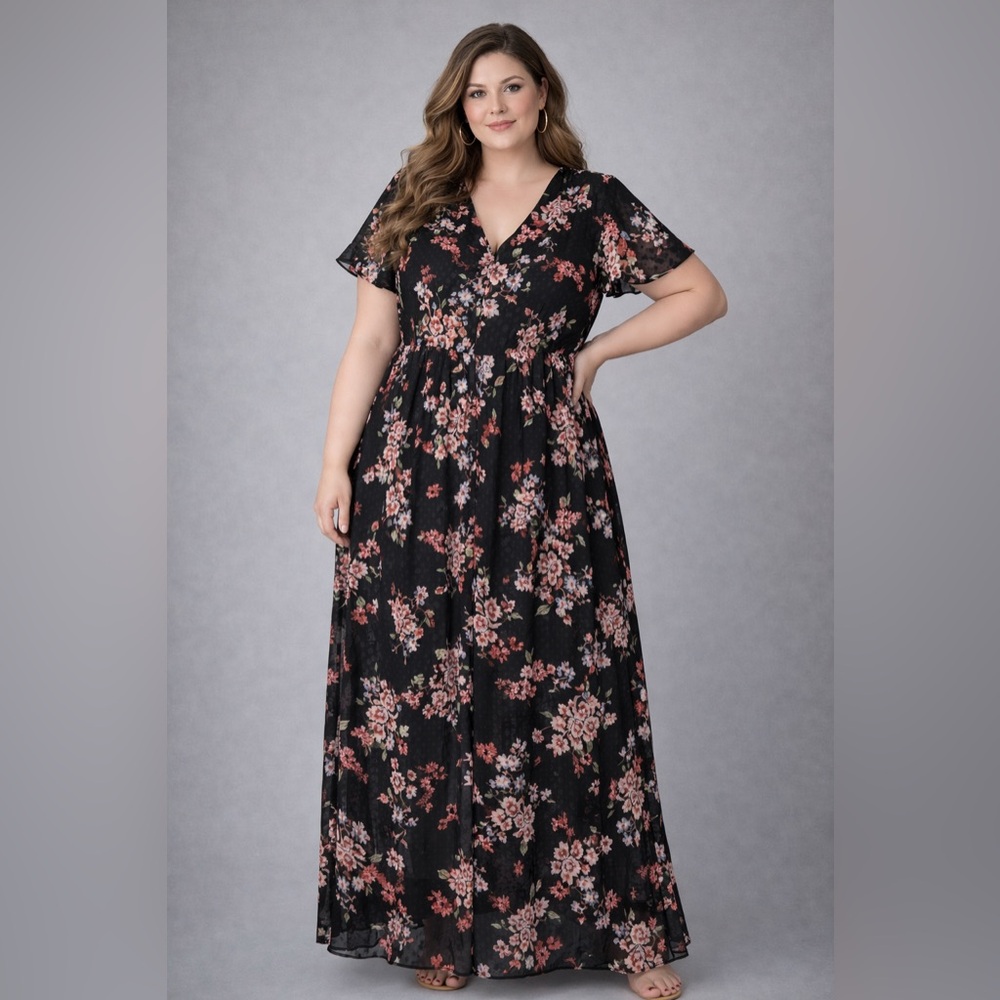 Lane Bryant Floral Garden Fairy Maxi Dress Empire Waist Black Size 16 Whimsical